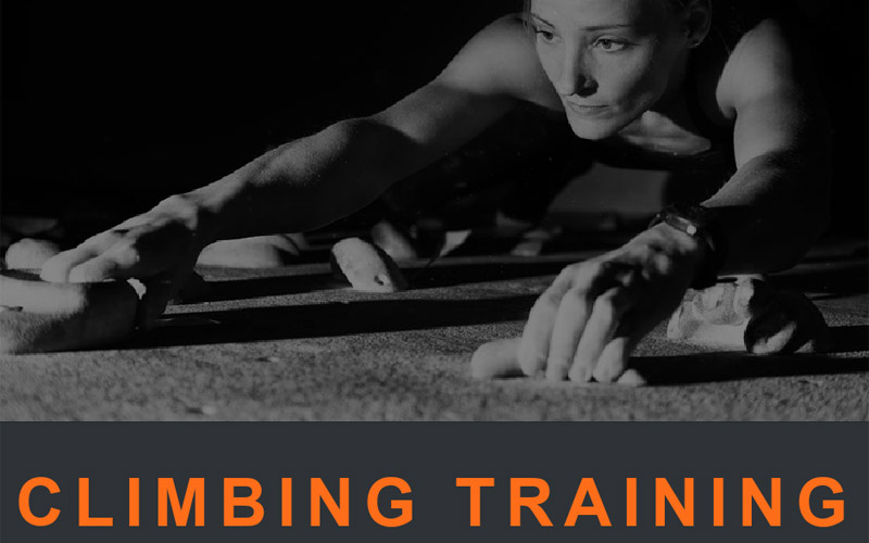 Climbing Training Title Card. Picture of a woman rock climbing.